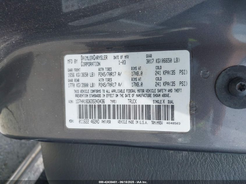 2003 Dodge Ram 1500 Slt/Laramie/St VIN: 1D7HA18D63S243436 Lot: 42438451