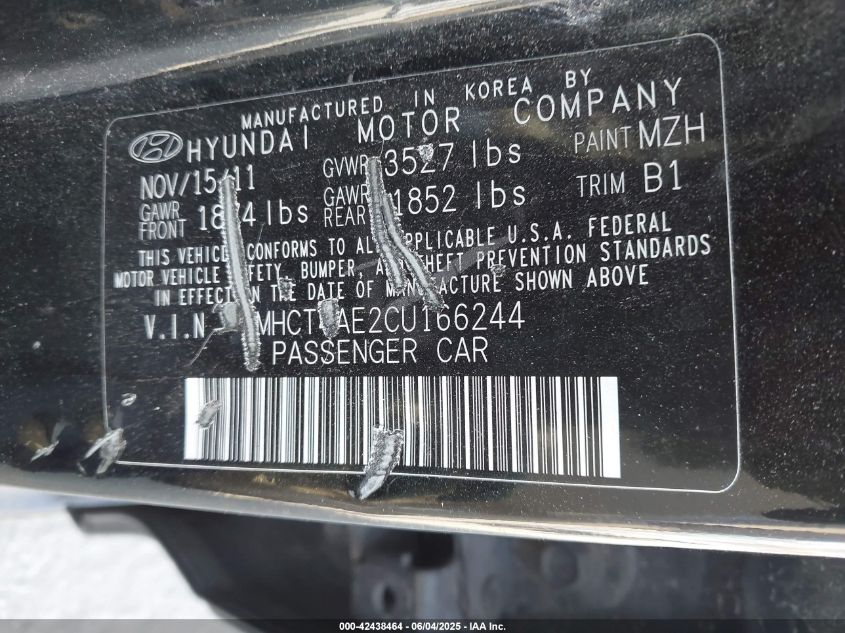 2012 Hyundai Accent Gls VIN: KMHCT4AE2CU166244 Lot: 42438464