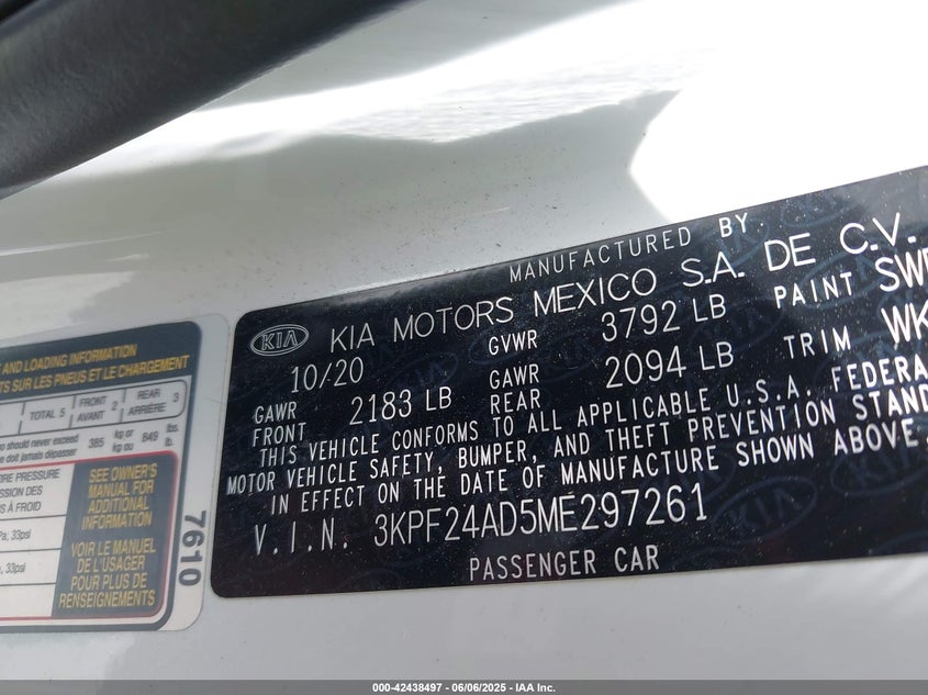 VIN 3KPF24AD5ME297261 2021 KIA FORTE LXS