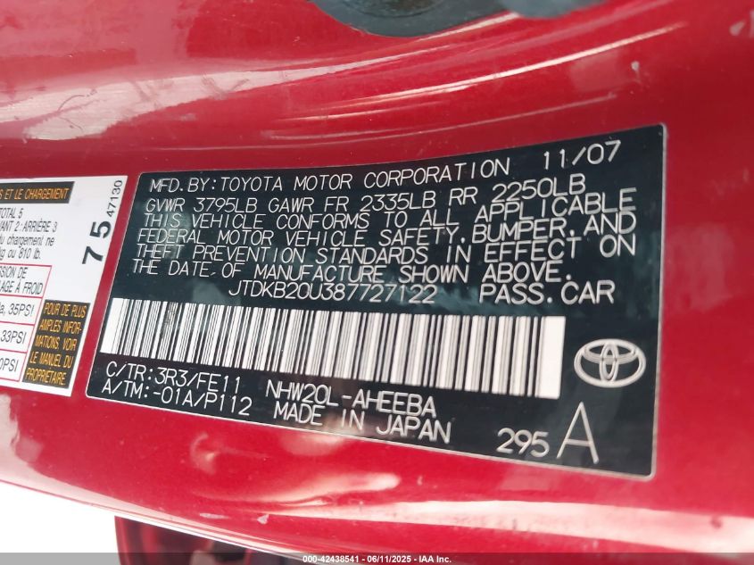 2008 Toyota Prius VIN: JTDKB20U387727122 Lot: 42438541