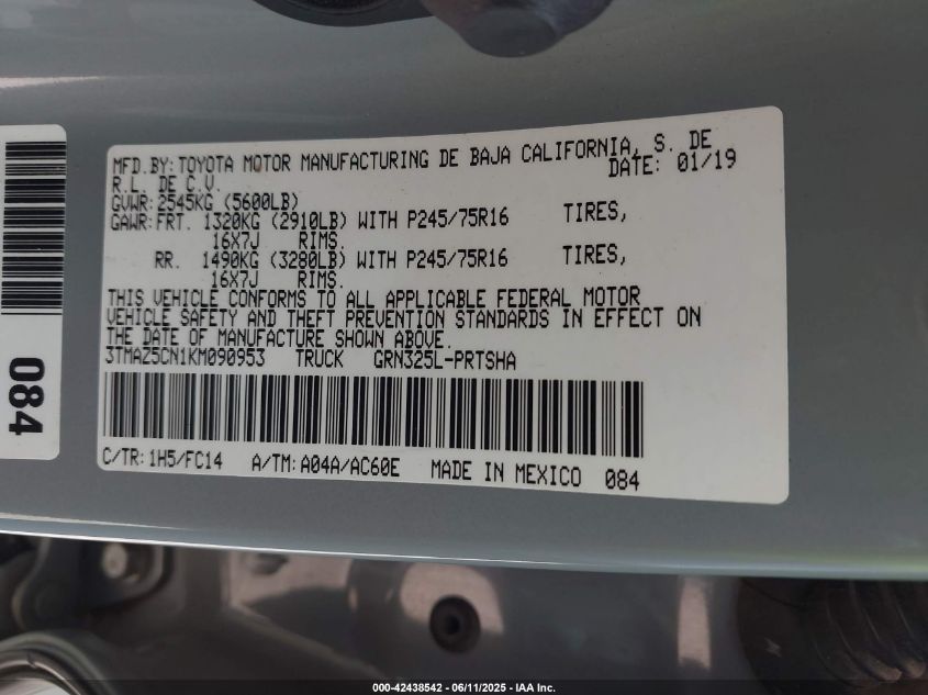 2019 Toyota Tacoma Sr5 V6 VIN: 3TMAZ5CN1KM090953 Lot: 42438542