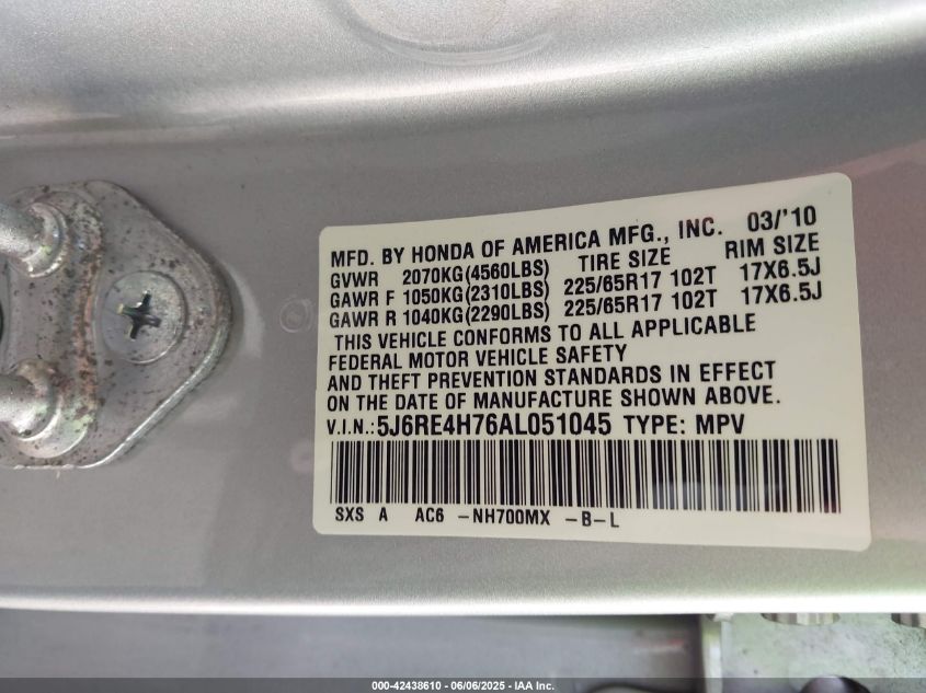 2010 Honda Cr-V Ex-L VIN: 5J6RE4H76AL051045 Lot: 42438610