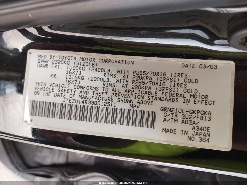 2003 Toyota 4Runner Sr5 Sport V6 VIN: JTEZU14R330012511 Lot: 42438627