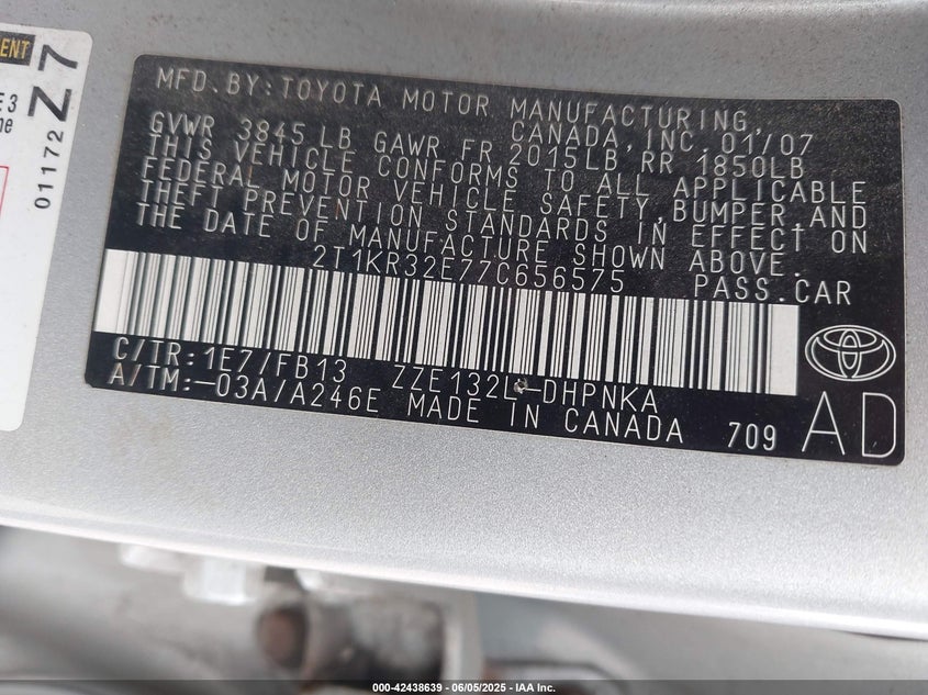 2007 TOYOTA MATRIX VIN: 2T1KR32E77C656575