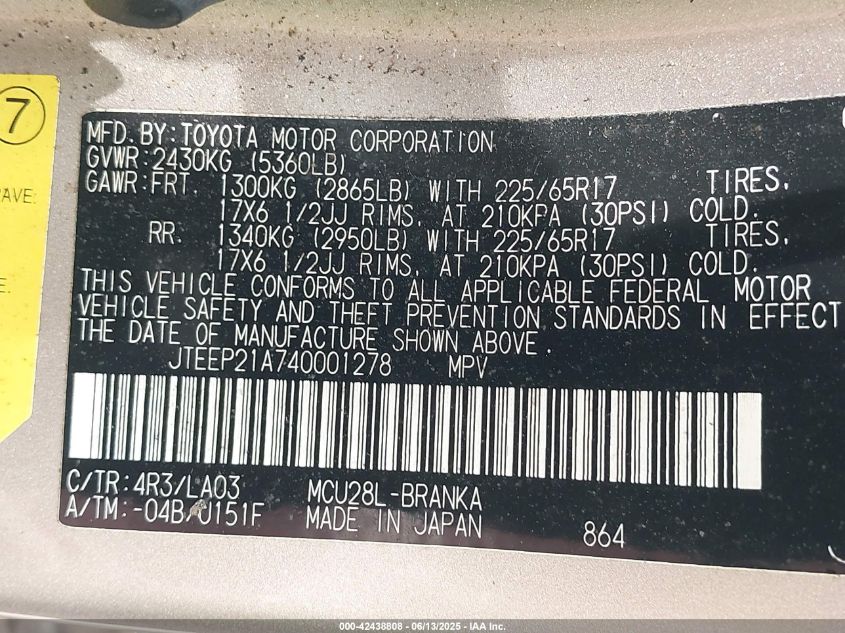 2004 Toyota Highlander Limited V6 VIN: JTEEP21A740001278 Lot: 42438808