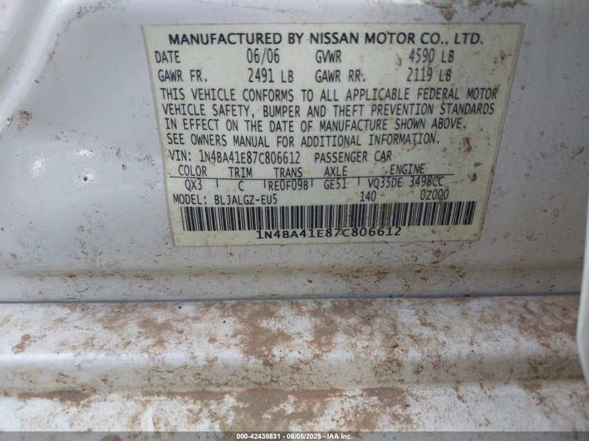 2007 NISSAN MAXIMA VIN: 1N4BA41E87C806612