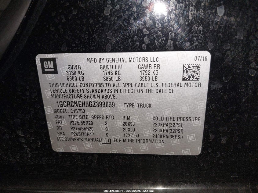 2016 CHEVROLET SILVERADO VIN: 1GCRCNEH5GZ383059