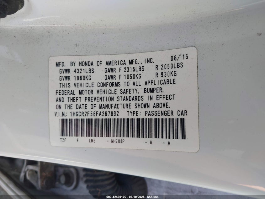 2015 HONDA ACCORD VIN: 1HGCR2F56FA267892
