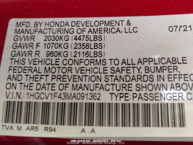 2021 Honda Accord Sport Special Edition VIN: 1HGCV1F43MA091362 Lot: 42439320