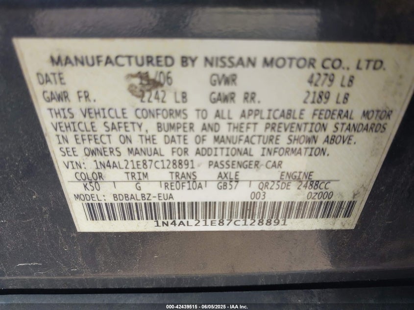 2007 NISSAN ALTIMA VIN: 1N4AL21E87C128891