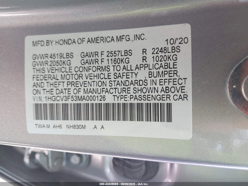 2021 HONDA ACCORD 2.0L I-4 DOHC, VVT, (VIN: 1HGCV3F53MA000126