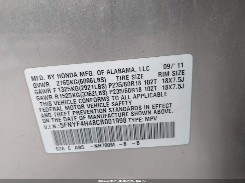 2012 HONDA PILOT VIN: 5FNYF4H48CB001998