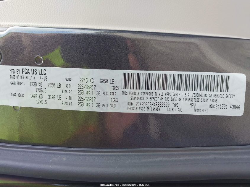 2019 Dodge Grand Caravan Sxt VIN: 2C4RDGCGXKR682620 Lot: 42439749