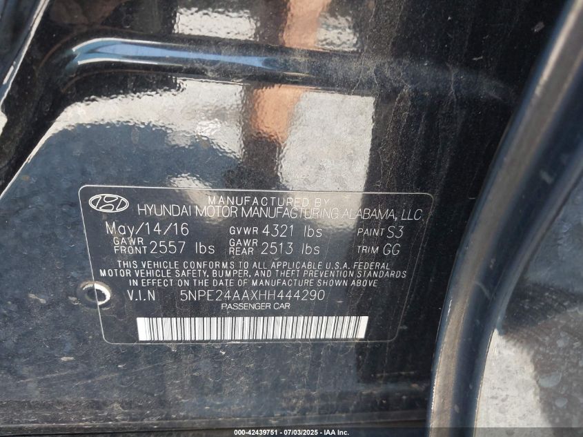 2017 Hyundai Sonata Eco VIN: 5NPE24AAXHH444290 Lot: 42439751