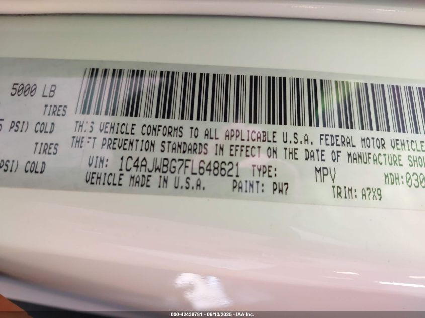 2015 Jeep Wrangler Sahara VIN: 1C4AJWBG7FL648621 Lot: 42439781