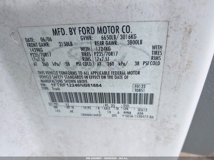 2006 Ford F-150 Stx/Xl/Xlt VIN: 1FTRF12246NB81884 Lot: 42439987