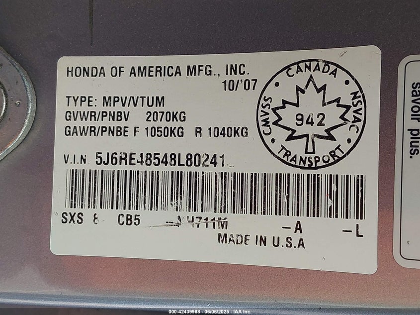 2008 Honda Cr-V Ex VIN: 5J6RE48548L802412 Lot: 42439988