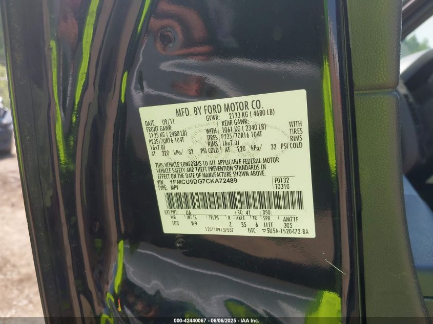 2012 Ford Escape Xlt VIN: 1FMCU9DG7CKA72489 Lot: 42440067