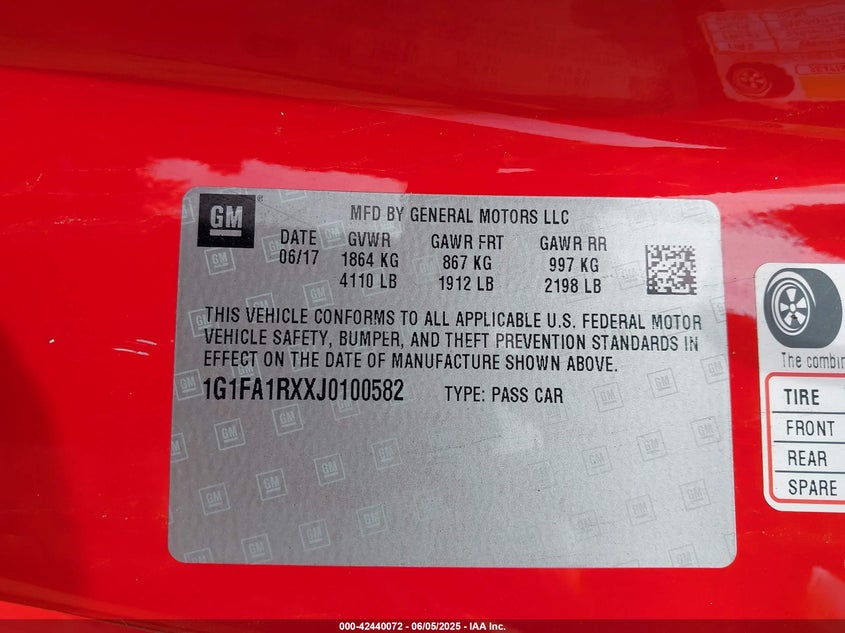 2018 Chevrolet Camaro 1Ls VIN: 1G1FA1RXXJ0100582 Lot: 42440072