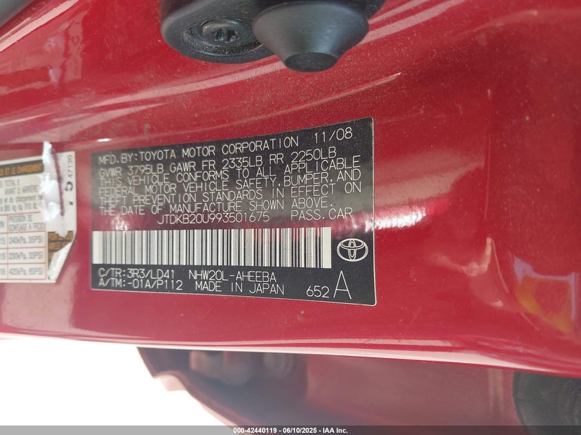 2009 Toyota Prius VIN: JTDKB20U993501675 Lot: 42440119