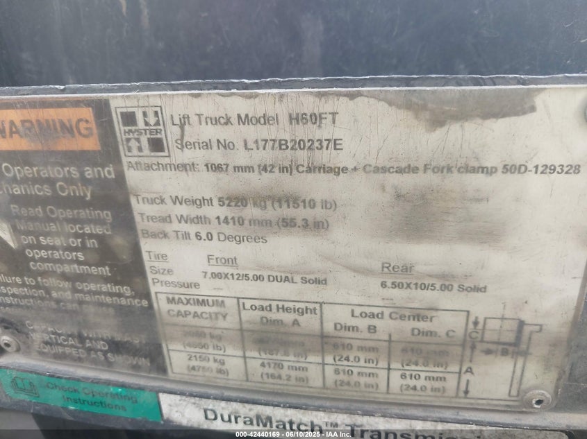 2007 HYSTER H60FT H60FT VIN: 000000L177B20237E