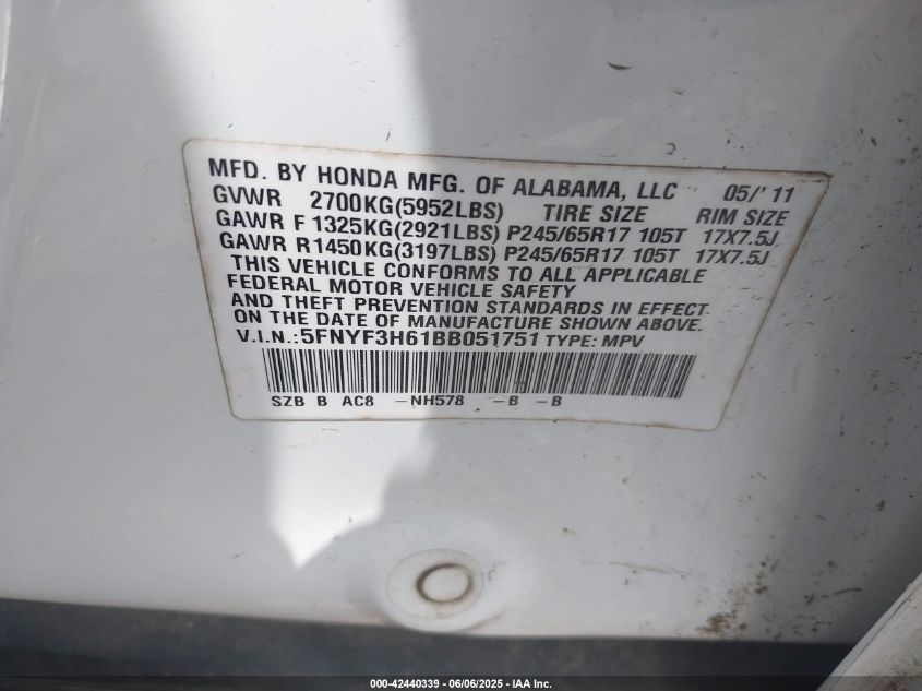 2011 Honda Pilot Ex-L VIN: 5FNYF3H61BB051751 Lot: 42440339