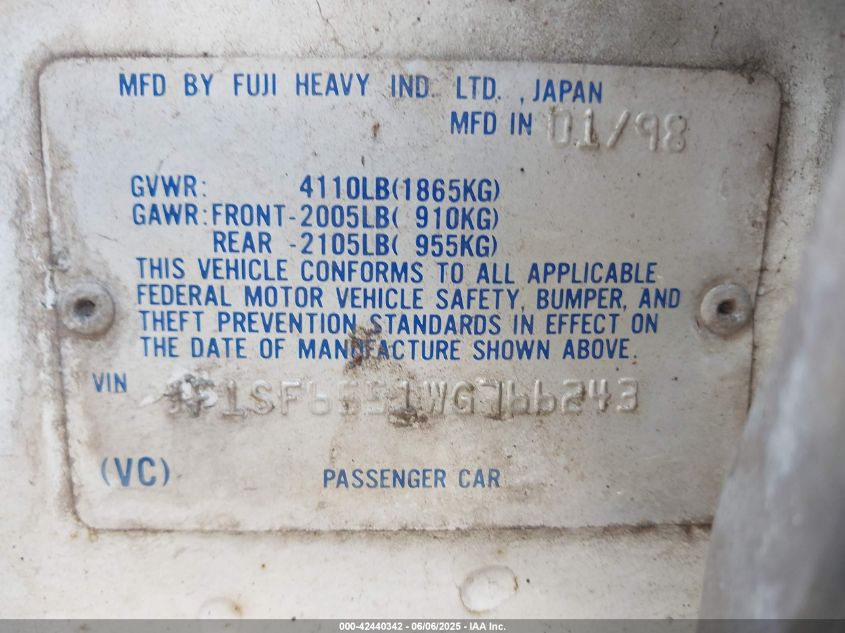 1998 Subaru Forester S VIN: JF1SF6551WG766243 Lot: 42440342