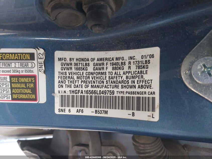 2006 HONDA CIVIC VIN: 1HGFA16566L049759