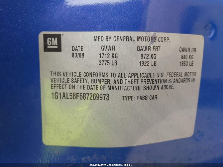 2008 Chevrolet Cobalt Lt VIN: 1G1AL58F687269973 Lot: 42440526