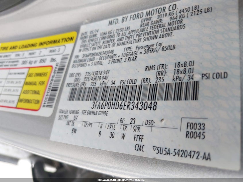 2014 FORD FUSION VIN: 3FA6P0HD6ER343048