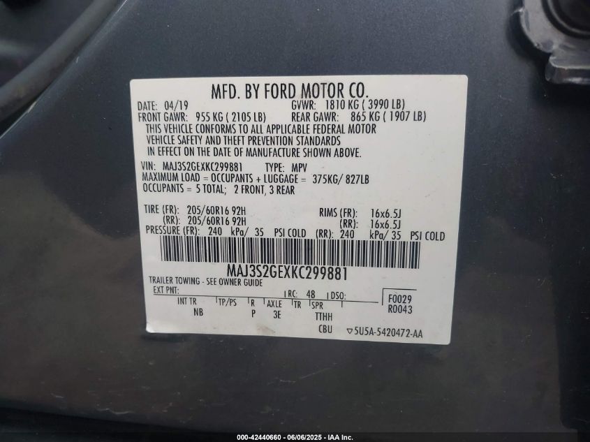 2019 Ford Ecosport Se VIN: MAJ3S2GEXKC299881 Lot: 42440660