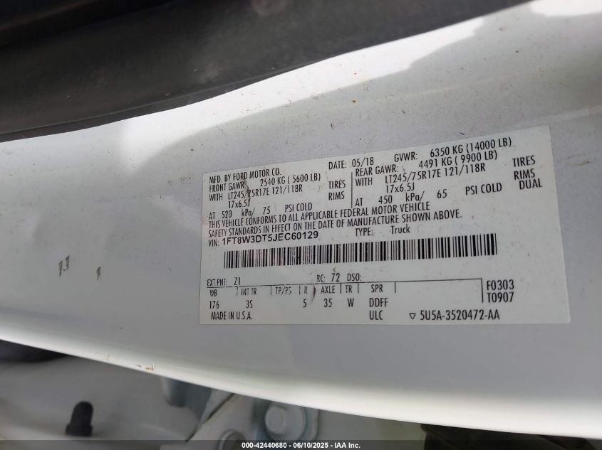 2018 Ford F350 King Ranch/Lariat/Limited/Platinum/Xl/Xlt VIN: 1FT8W3DT5JEC6012 Lot: 42440680