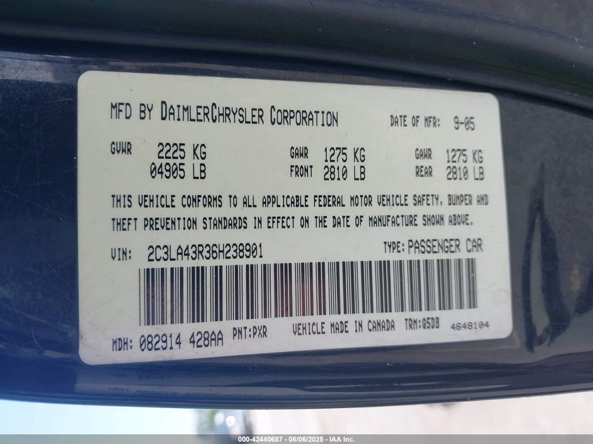 2006 Chrysler 300 VIN: 2C3LA43R36H238901 Lot: 42440687