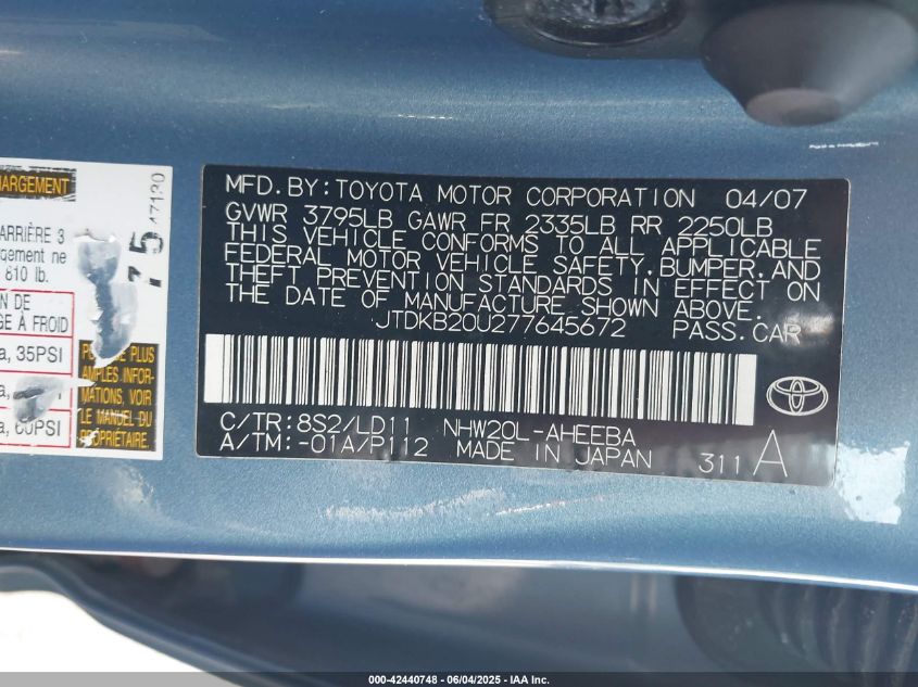 2007 Toyota Prius VIN: JTDKB20U277645672 Lot: 42440748