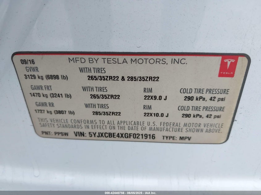 2016 TESLA MODEL X VIN: 5YJXCBE4XGF021916
