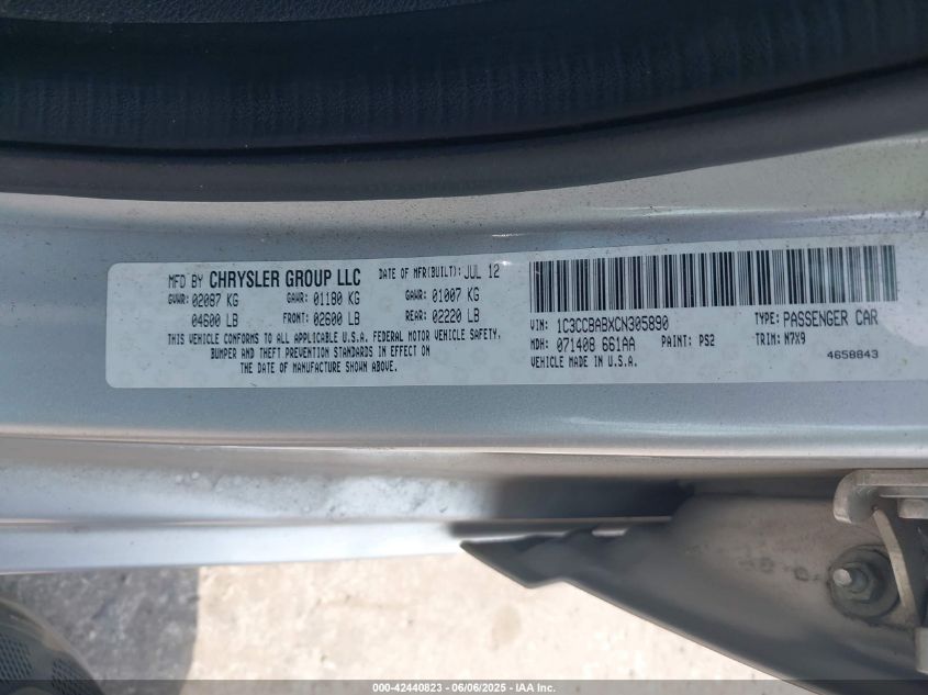 2012 Chrysler 200 Lx VIN: 1C3CCBABXCN305890 Lot: 42440823