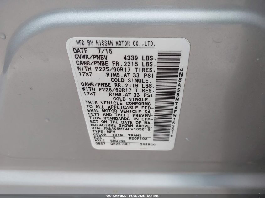 2015 Nissan Rogue Select S VIN: JN8AS5MT4FW163616 Lot: 42441020