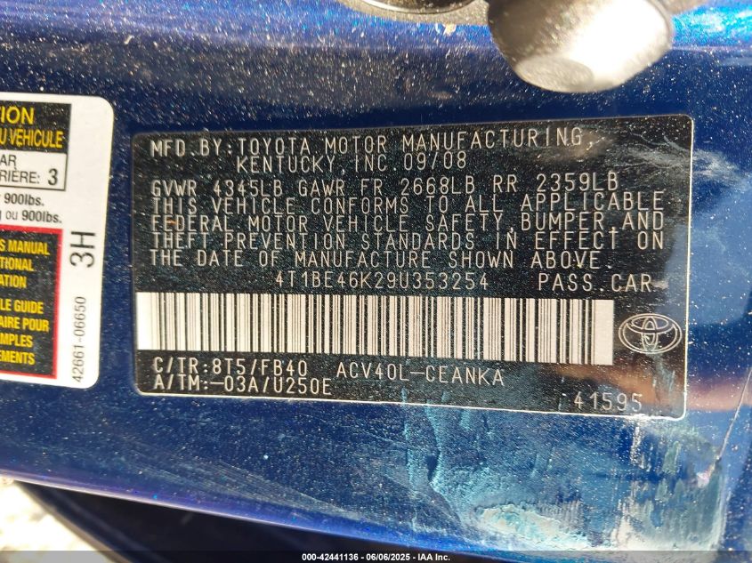 2009 Toyota Camry Le VIN: 4T1BE46K29U353254 Lot: 42441136