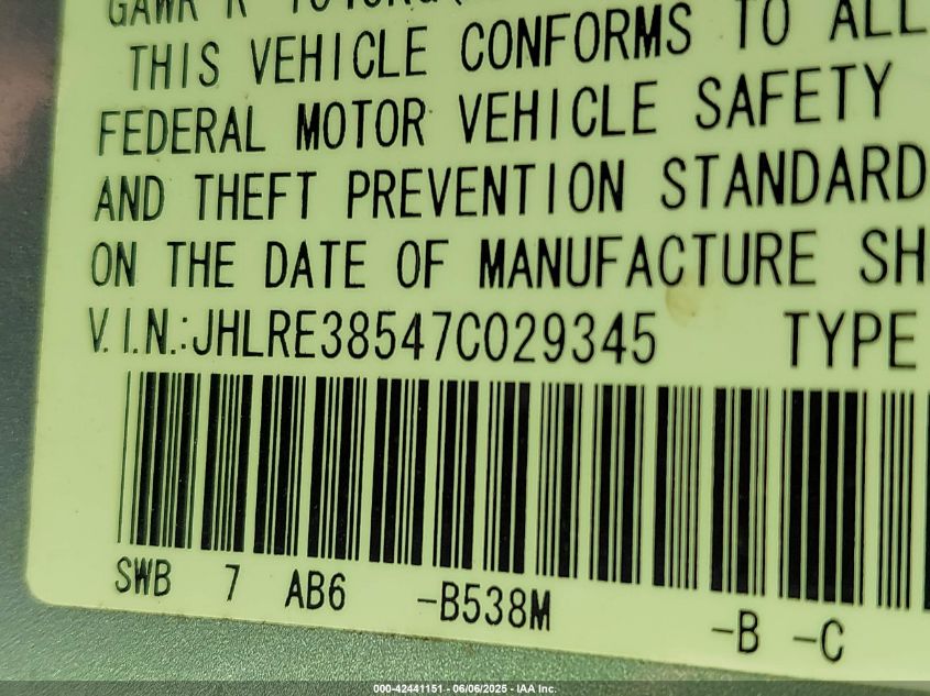 2007 Honda Cr-V Ex VIN: JHLRE38547C029345 Lot: 42441151