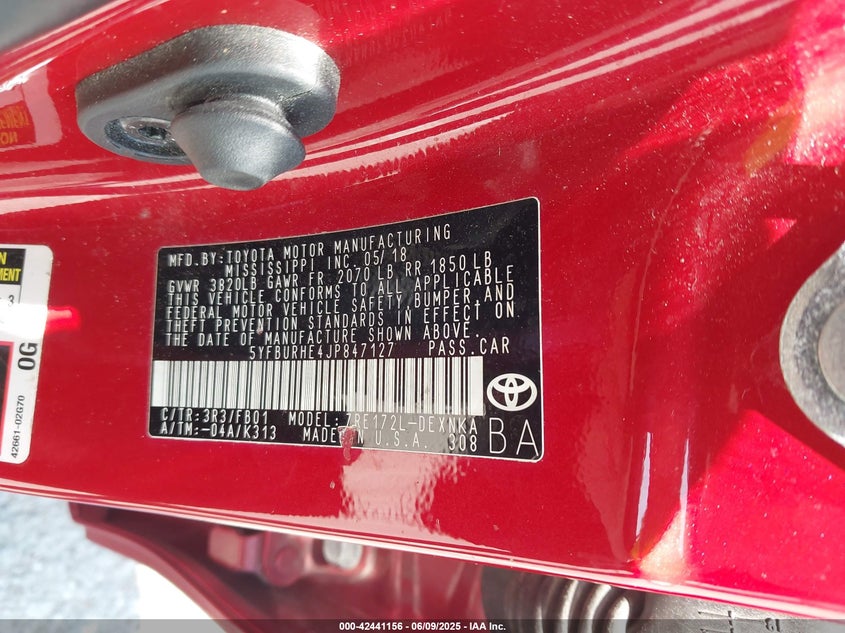 2018 TOYOTA COROLLA VIN: 5YFBURHE4JP847127