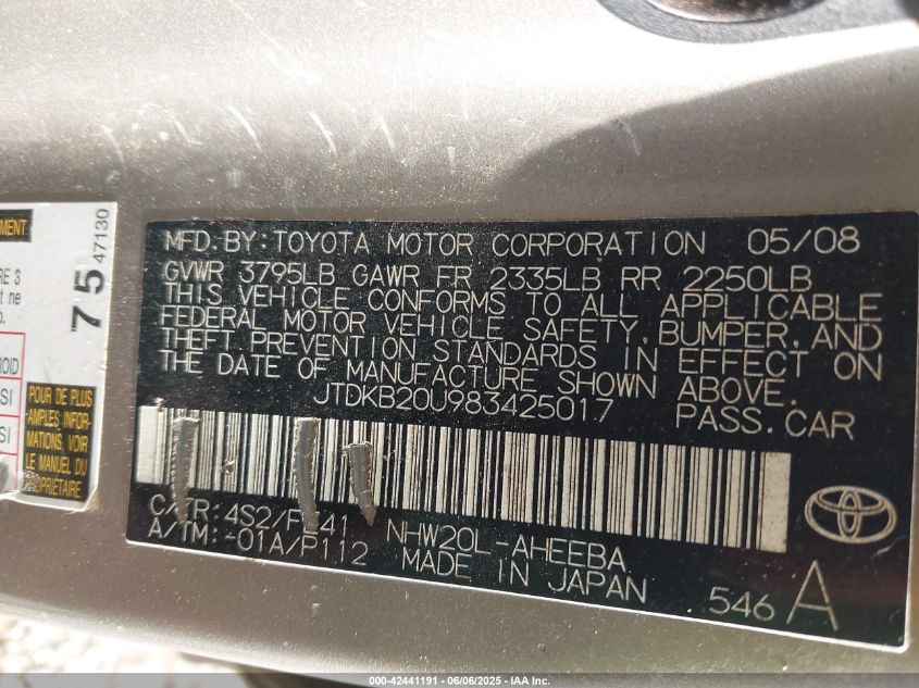 2008 Toyota Prius VIN: JTDKB20U983425017 Lot: 42441191