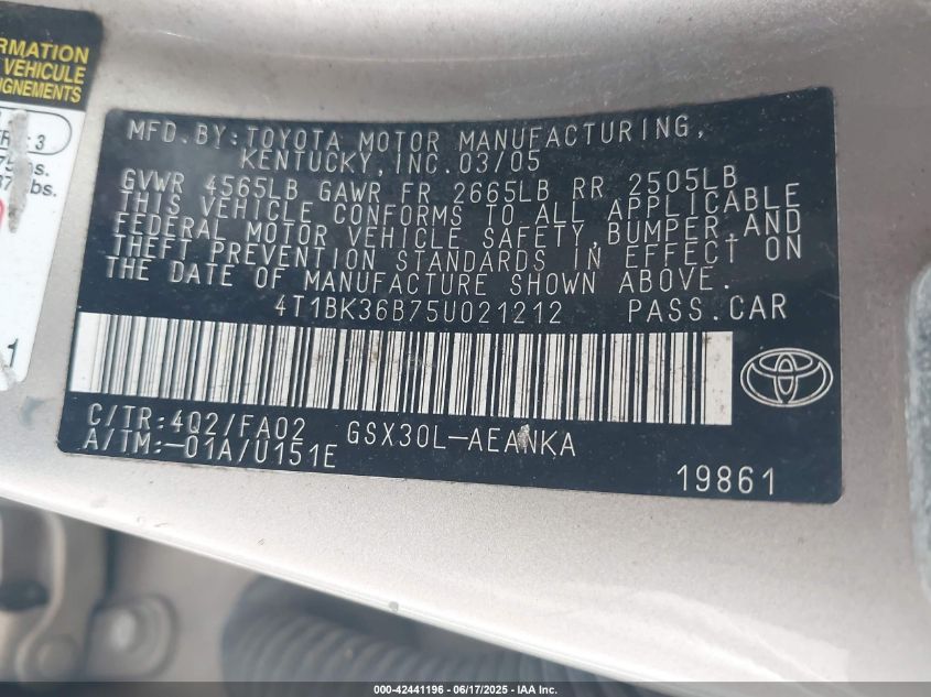 2005 Toyota Avalon Xl VIN: 4T1BK36B75U021212 Lot: 42441196