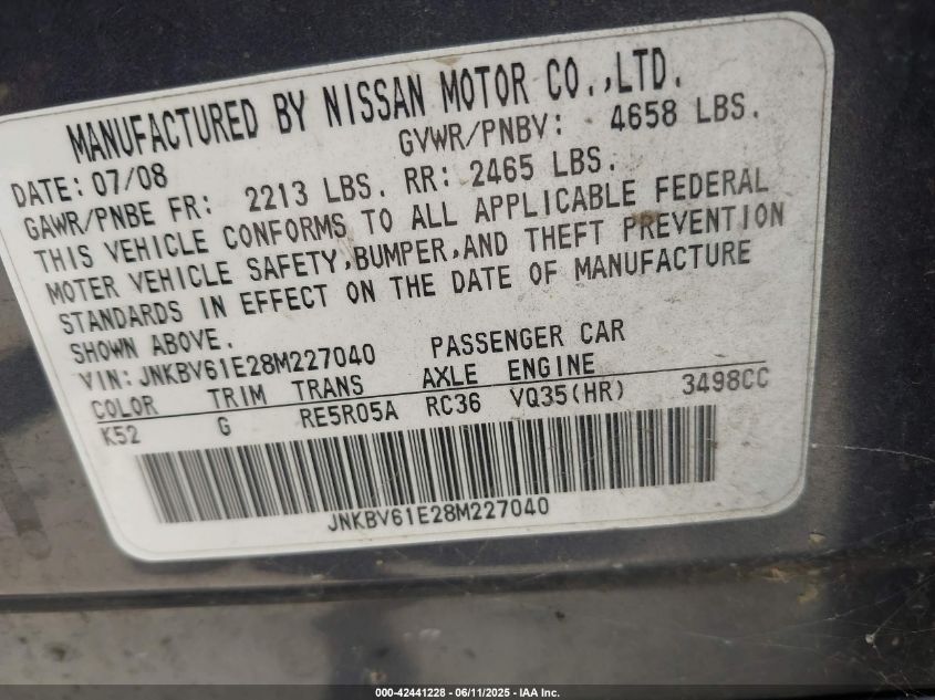 2008 Infiniti G35 Journey VIN: JNKBV61E28M22704 Lot: 42441228