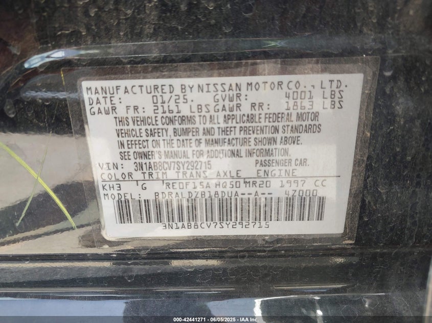 VIN 3N1AB8CV7SY292715 2025 NISSAN SENTRA SV