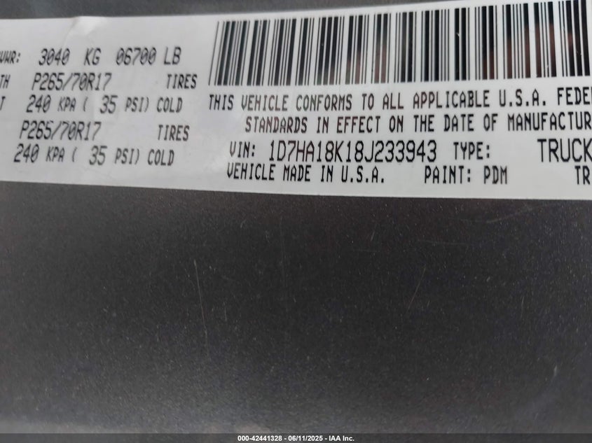 2008 Dodge Ram 1500 St/Sxt VIN: 1D7HA18K18J233943 Lot: 42441328
