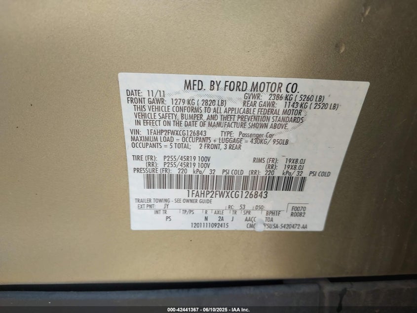 2012 FORD TAURUS VIN: 1FAHP2FWXCG126843