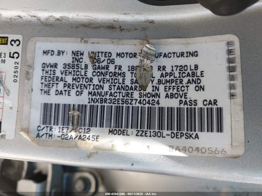 2006 Toyota Corolla Ce VIN: 1NXBR32E56Z74042 Lot: 42441396