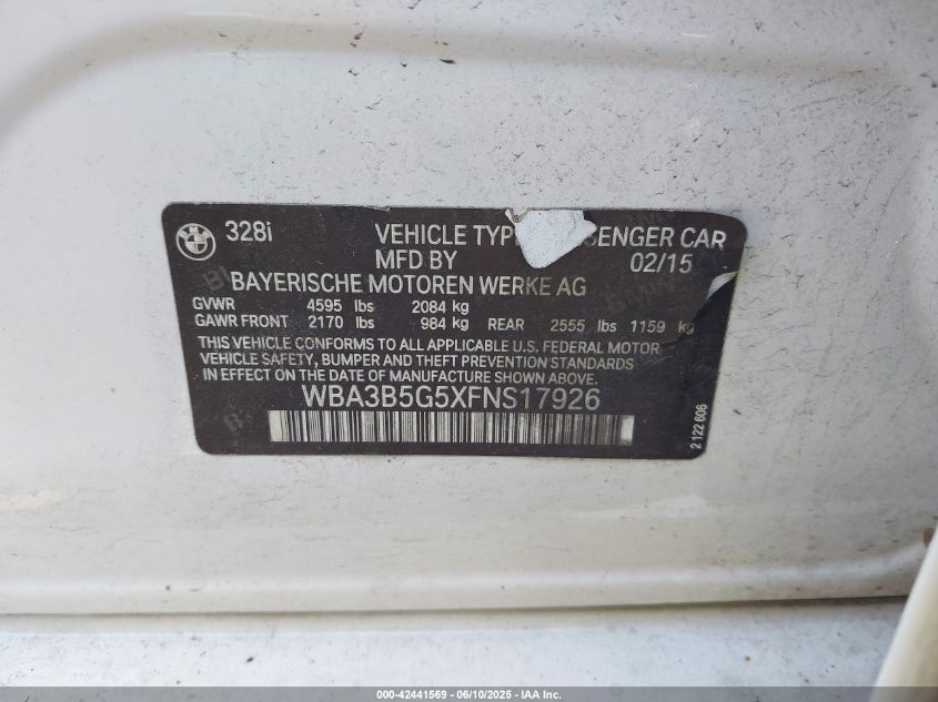 2015 BMW 328I xDrive VIN: WBA3B5G5XFNS17926 Lot: 59303794