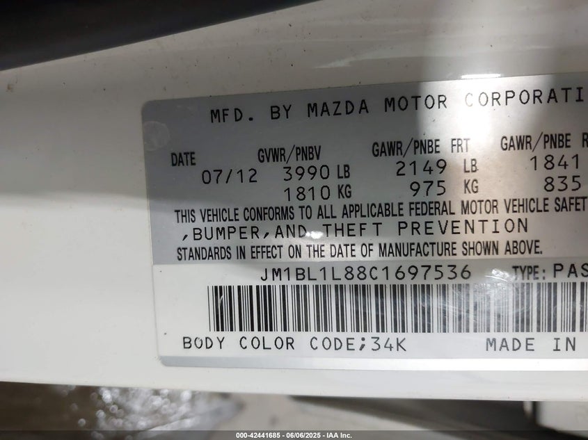 2012 MAZDA MAZDA3 VIN: JM1BL1L88C1697536
