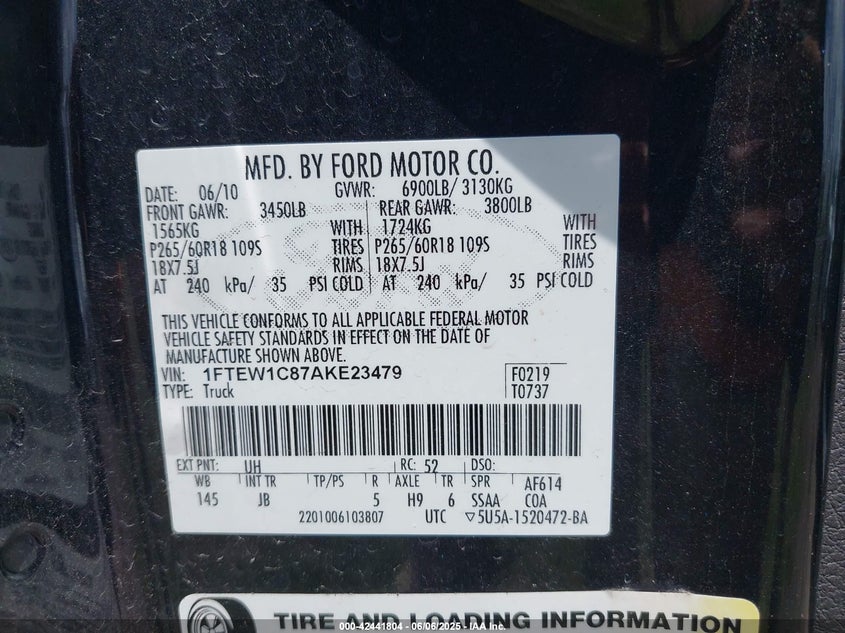 2010 FORD F-150 VIN: 1FTEW1C87AKE23479